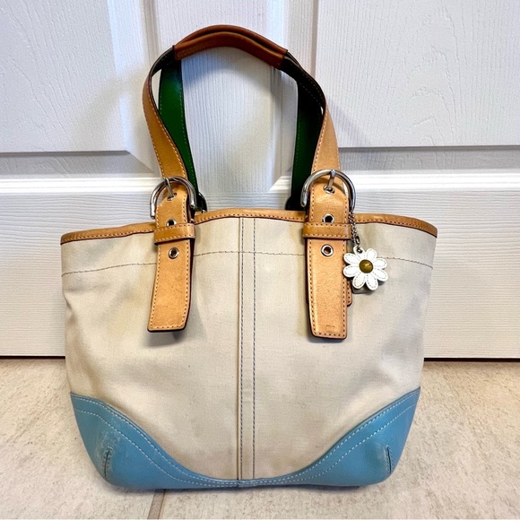 Rare Coach Vintage Blue Daisy L3J-8744 Leather Bag whimsical cottage authentic - Picture 1 of 11